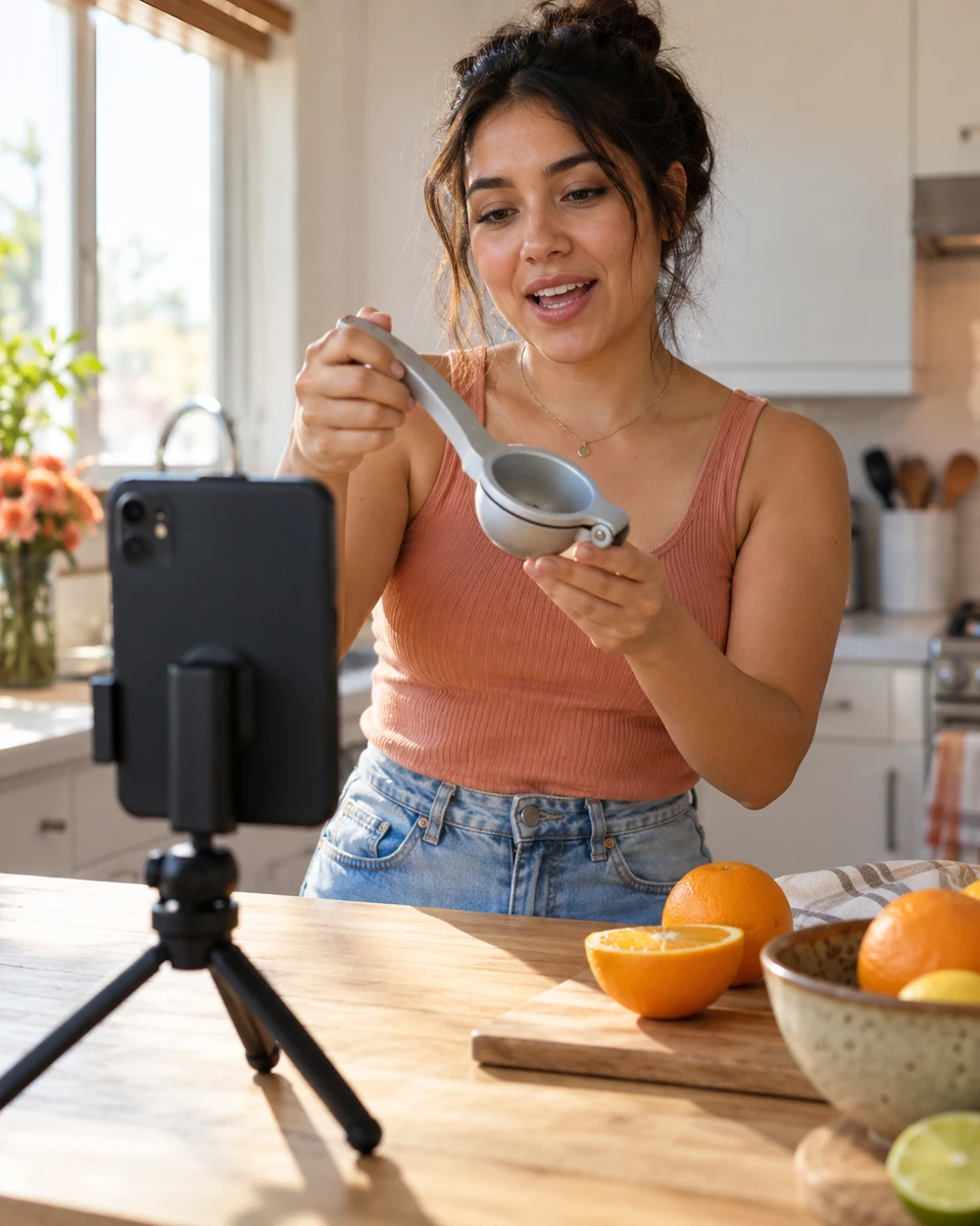A woman filming herself with a small kitchen gadget in a bright kitchen