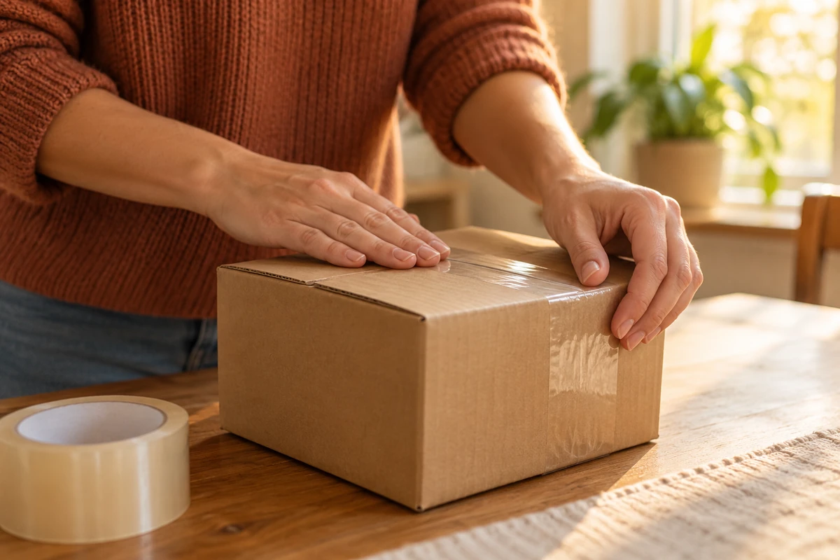Hands taping a shipping box