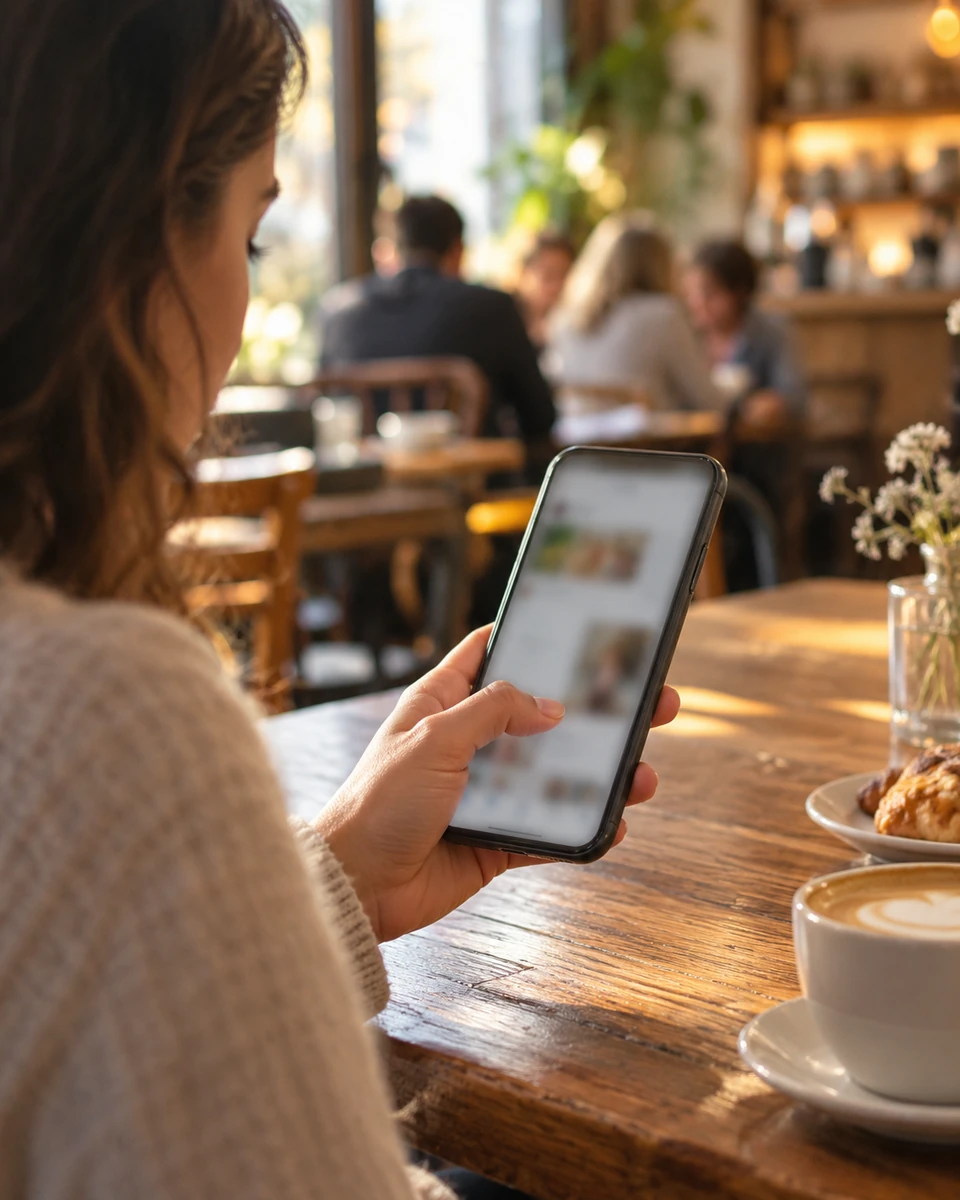 A hand scrolling on a phone in a café