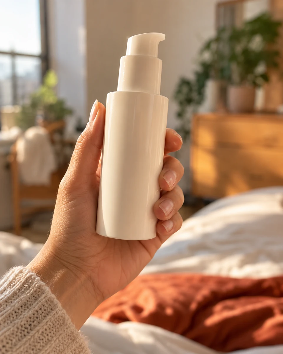 A hand holding a plain cream product bottle
